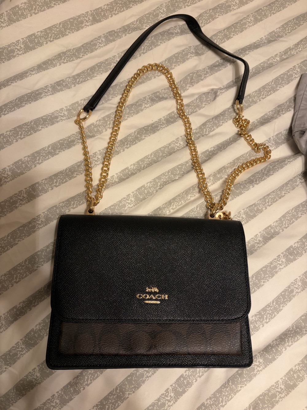 Coach Black Leather Crossbody with Gold Chain Strap